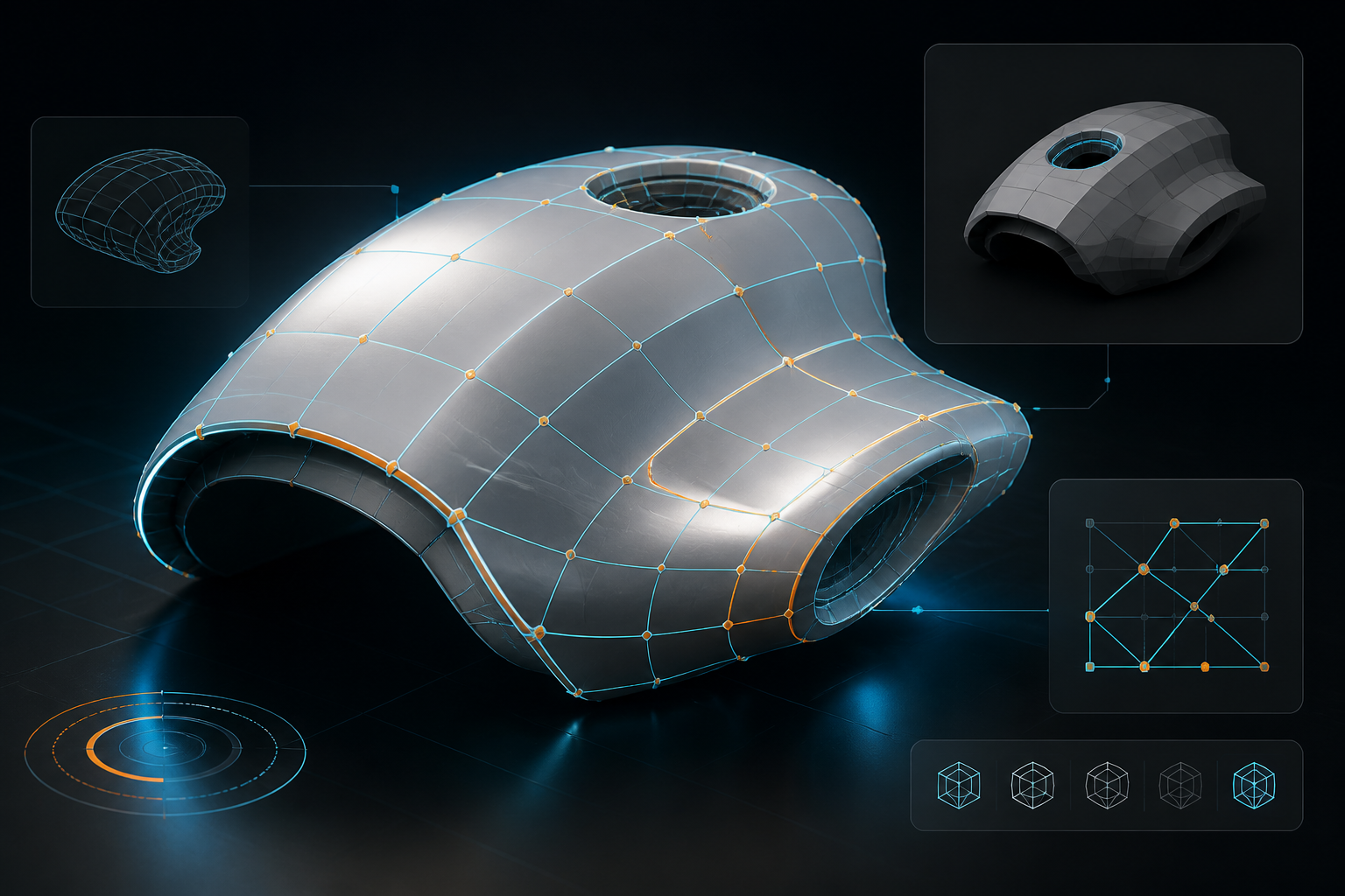 A 3D low-poly topology surface with quad lines and control points